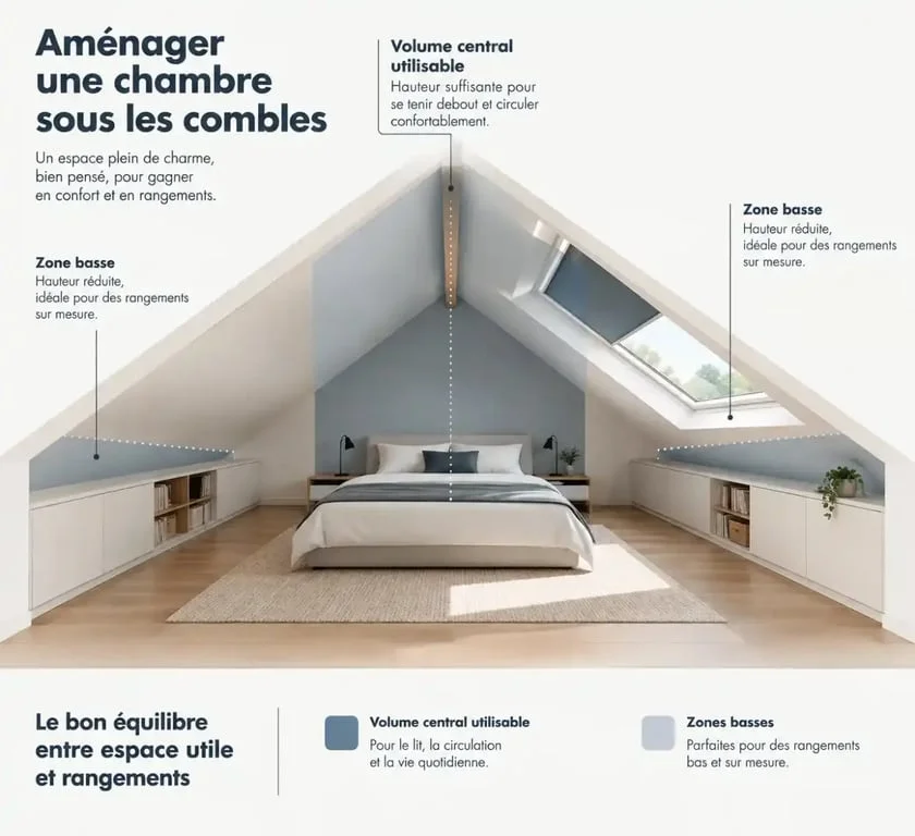 Aménagement de comble en chambre avec lit, rangements sous pente et fenêtre de toit