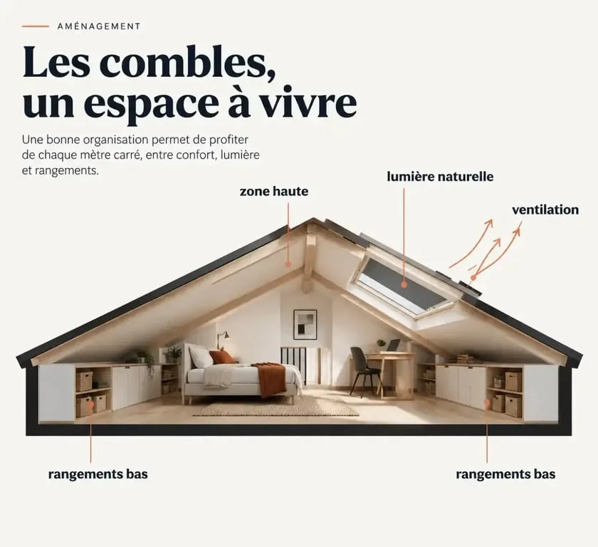 Idée aménagement de comble avec zone haute habitable et rangements sous pente