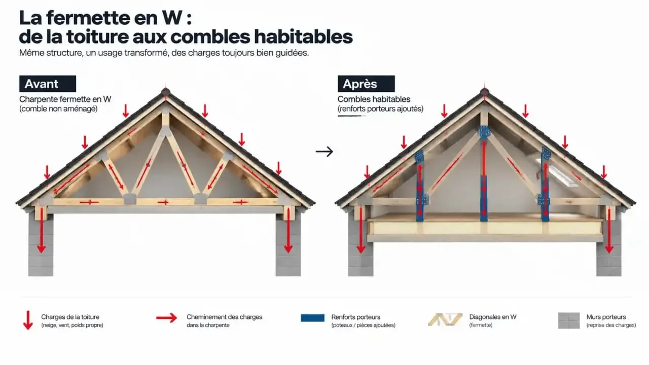 Schéma de principe pour l'aménagement de comble fermette en W avant et aprÚs renforcement