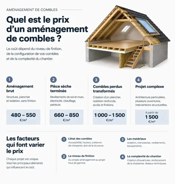 Infographie du prix d’un aménagement de combles au mètre carré selon le niveau de travaux