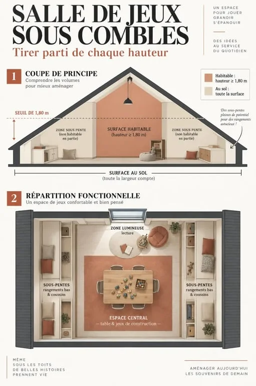 Infographie d’aménagement comble salle de jeux avec surface utile, hauteur sous pente et zones de rangement