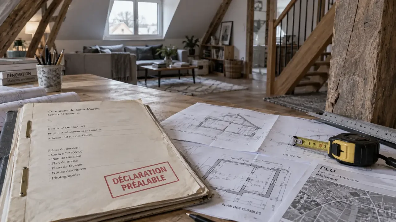 Aménagement de combles : déclaration préalable ou permis, le seuil dépend de la surface créée