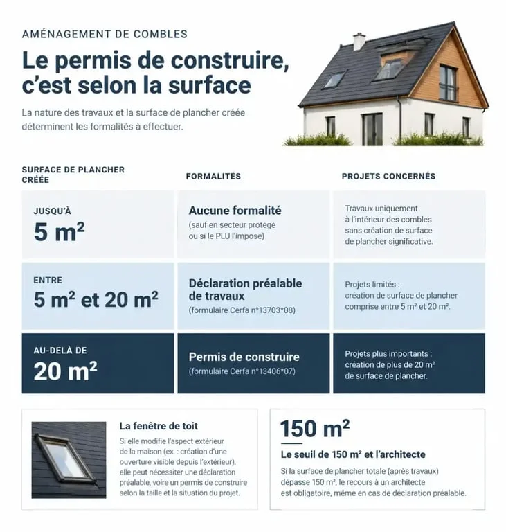Infographie sur le permis de construire pour aménagement de combles et les seuils de surface
