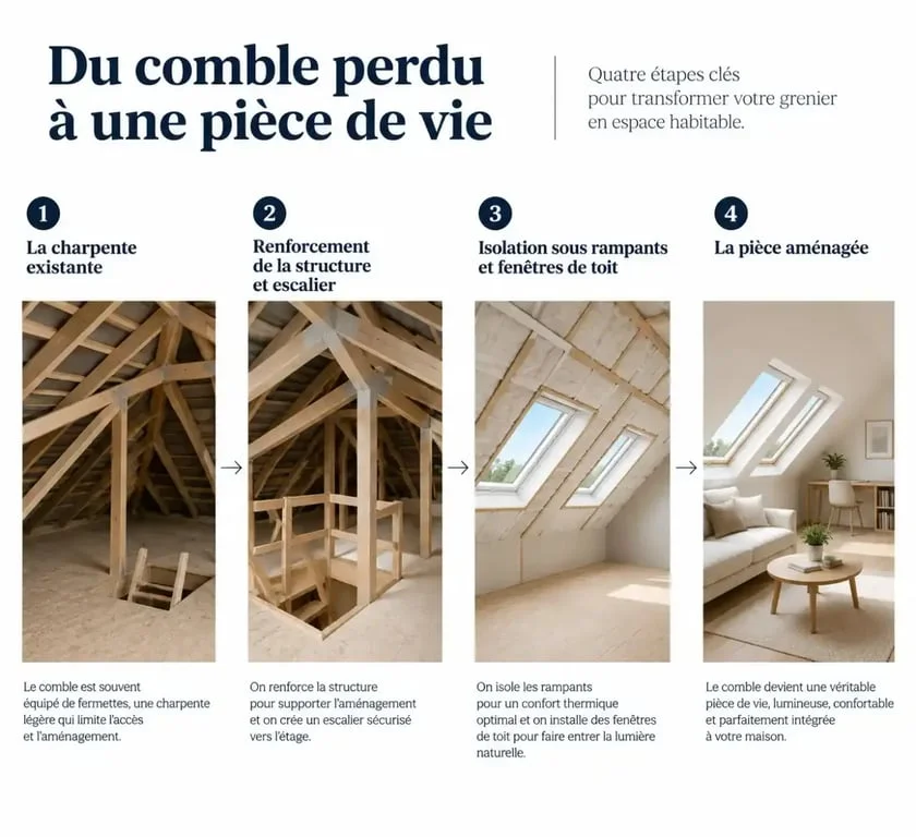 Aménagement de comble perdu avant et après transformation en pièce habitable