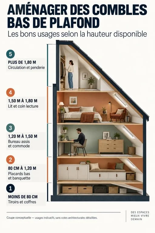 Infographie sur l’aménagement de combles bas de plafond selon les zones de hauteur