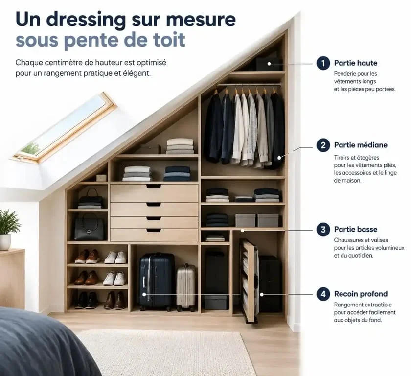 Aménagement de comble dressing avec rangements répartis selon les hauteurs sous pente